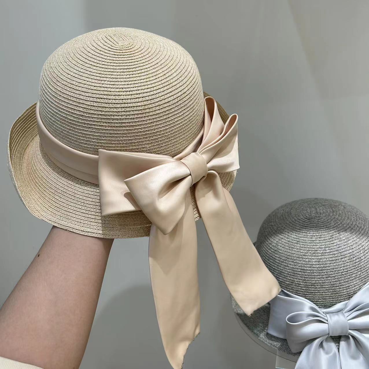 Women's Fashion Simple Large Ribbon Bow Straw Bucket Hat