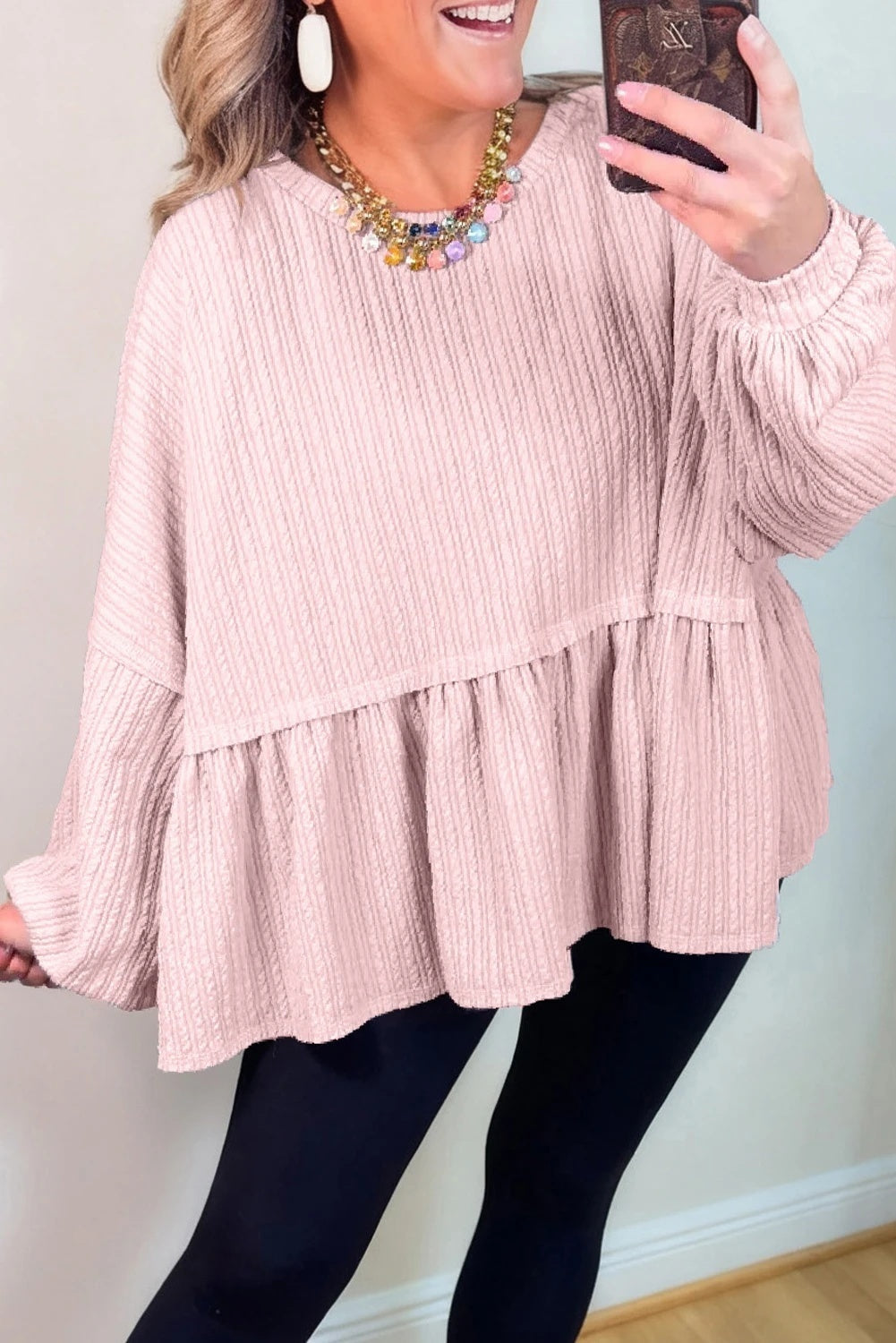 Sweet And Relaxed Solid-color Crew-neck Top With Minimalist Lantern Sleeves