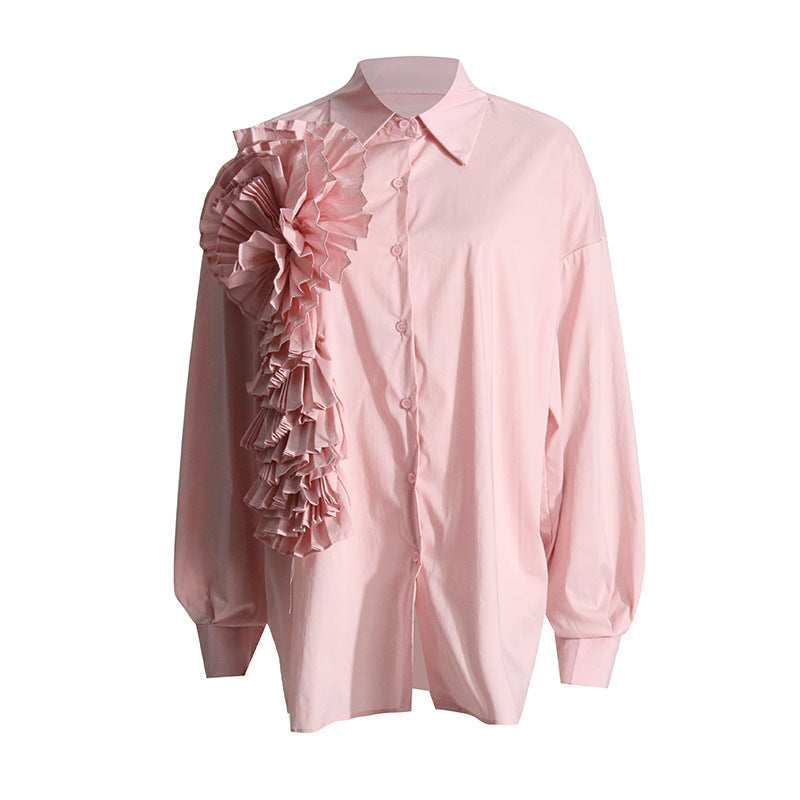 Design Sense Stitching Ruffle Three-dimensional Flower Casual Shirt