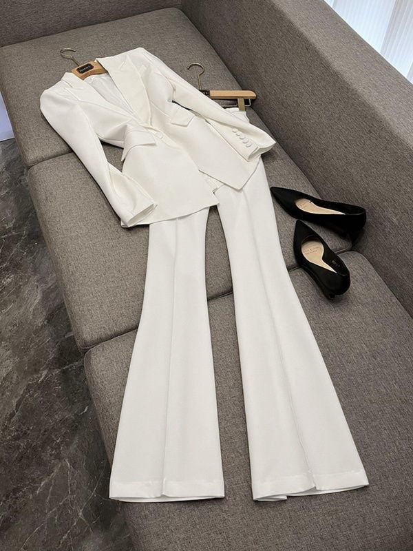 Womens Stylish Mid-length Blazer And Flared Pants Fashion Set