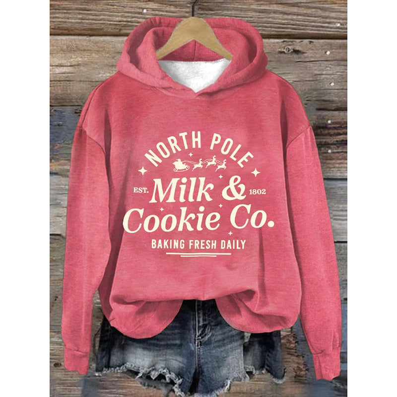 Womens Printed Hooded Long-Sleeve Pullover Sweatshirt