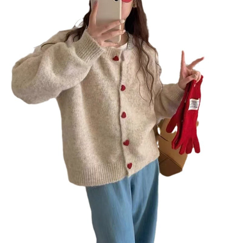 Rundhalset Matchende Design Kærlighed Pige Spænde Strikket Cardigan Sweater Frakke Til Kvinder