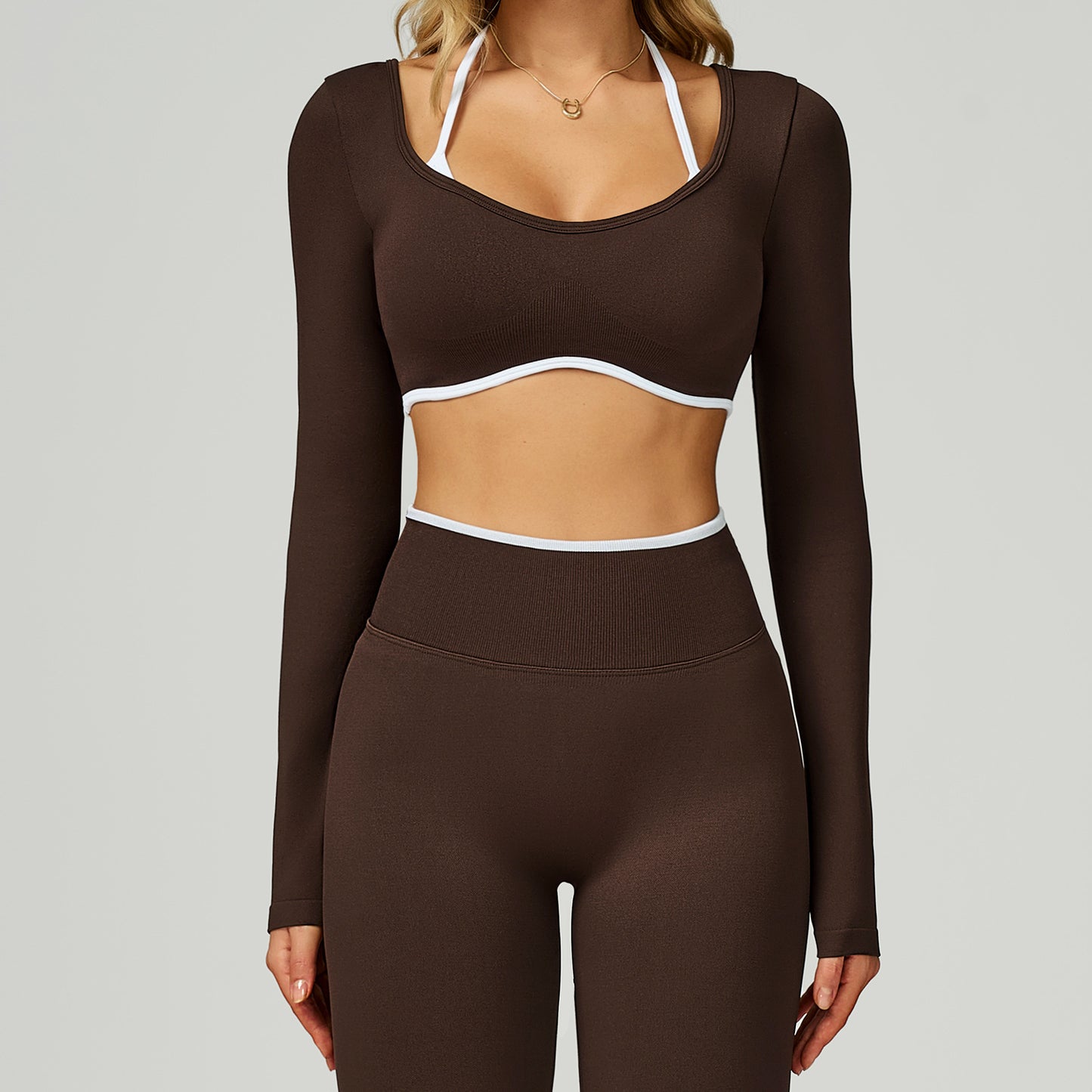 Seamless Contrast Color Yoga Long Sleeve Fake Two-piece Short Version Slim Fit Yoga T-shirt