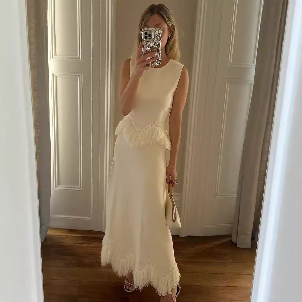 AutumnWinter Elegant Tassel Lace Patchwork Evening Gown Set