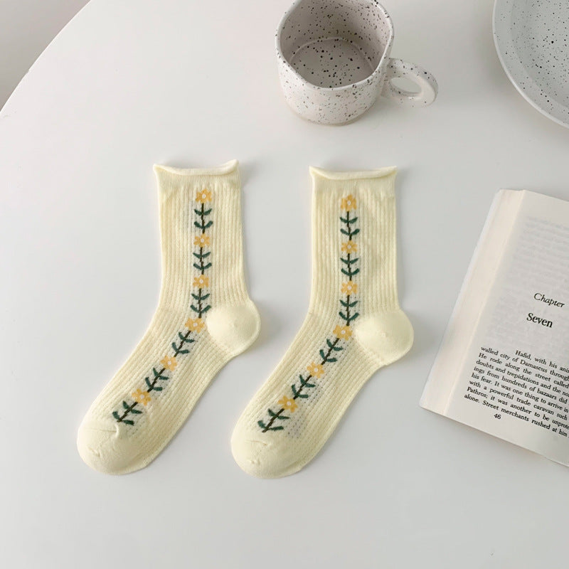 Thin Hollow Mesh Rolled Edge Women's Socks With Small Flowers