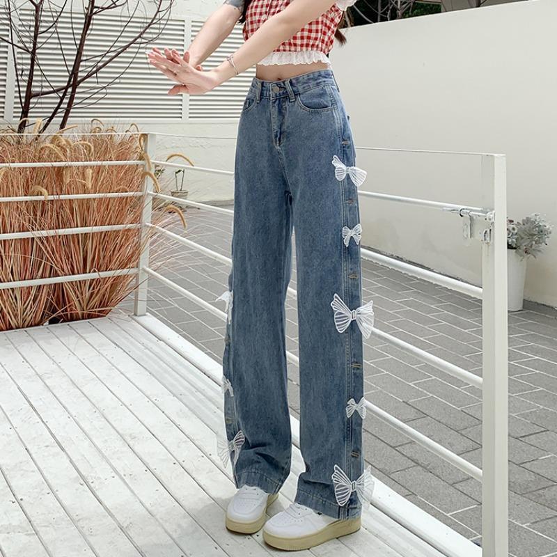 Bow High Waist Loose Straight Jeans