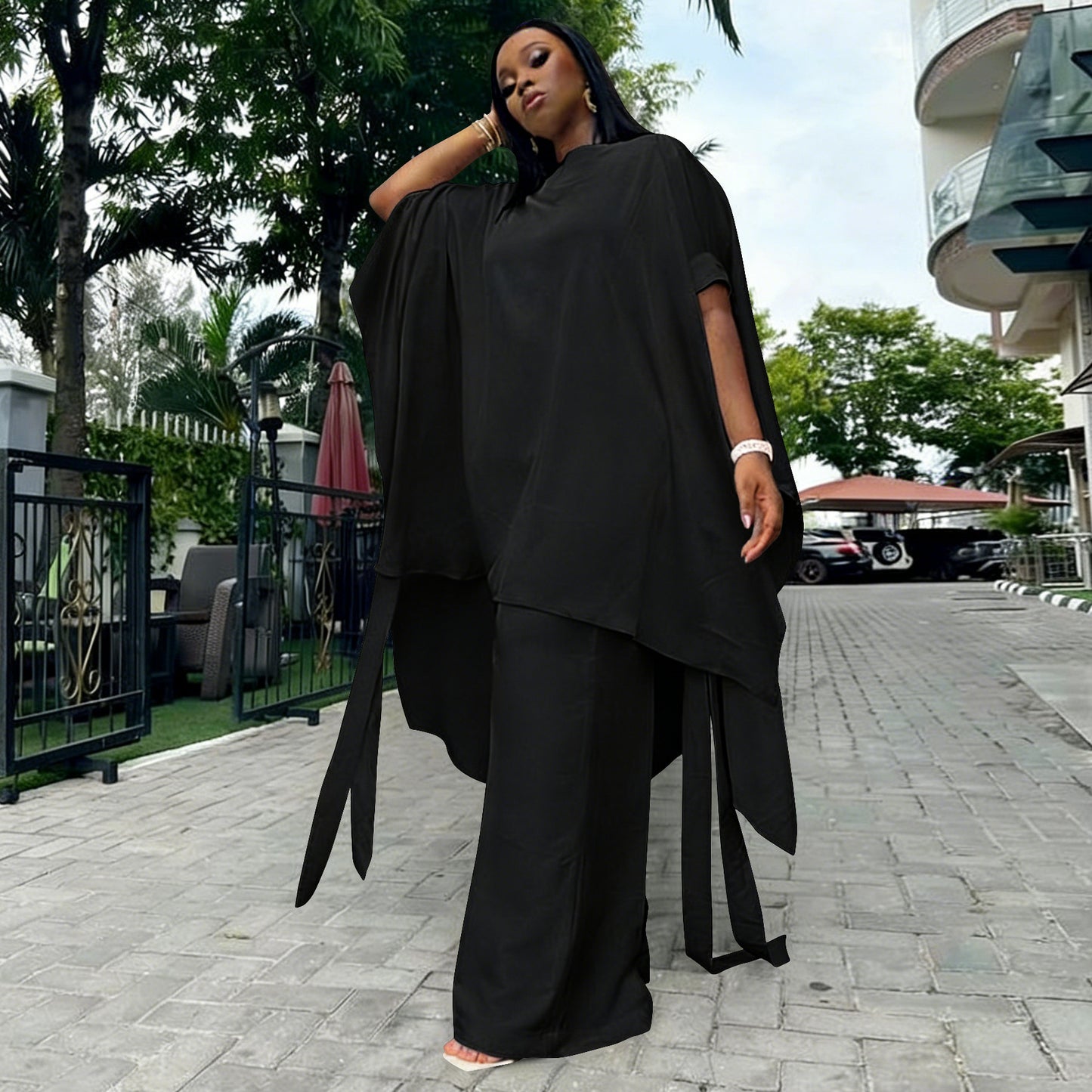 Set Stylish Shawl-Style Top And Workwear Wide-Leg Pants
