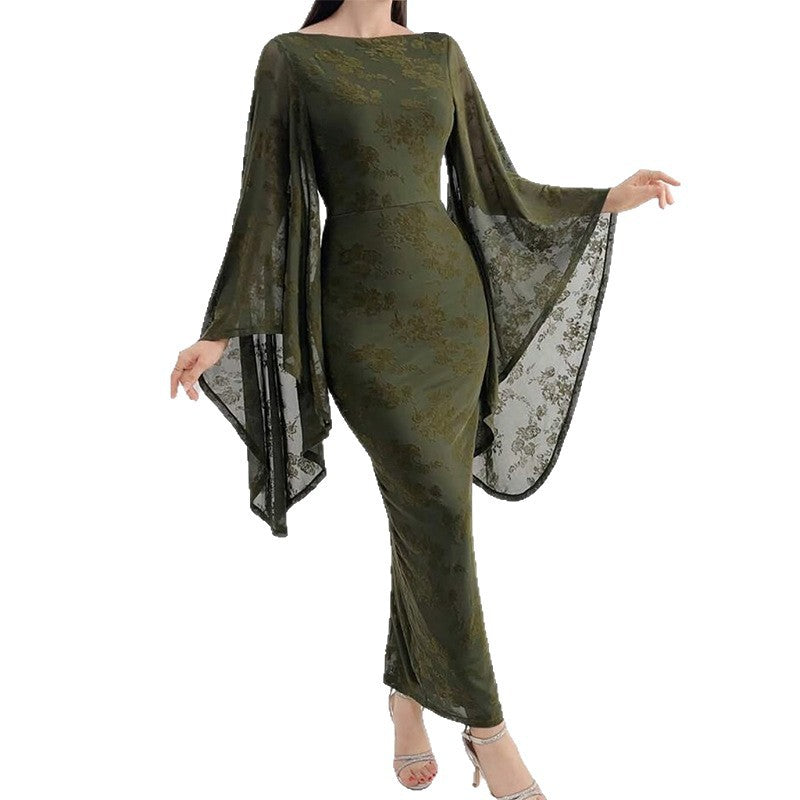 Womens Fashionable Fitted Waist Mesh Printed Dress