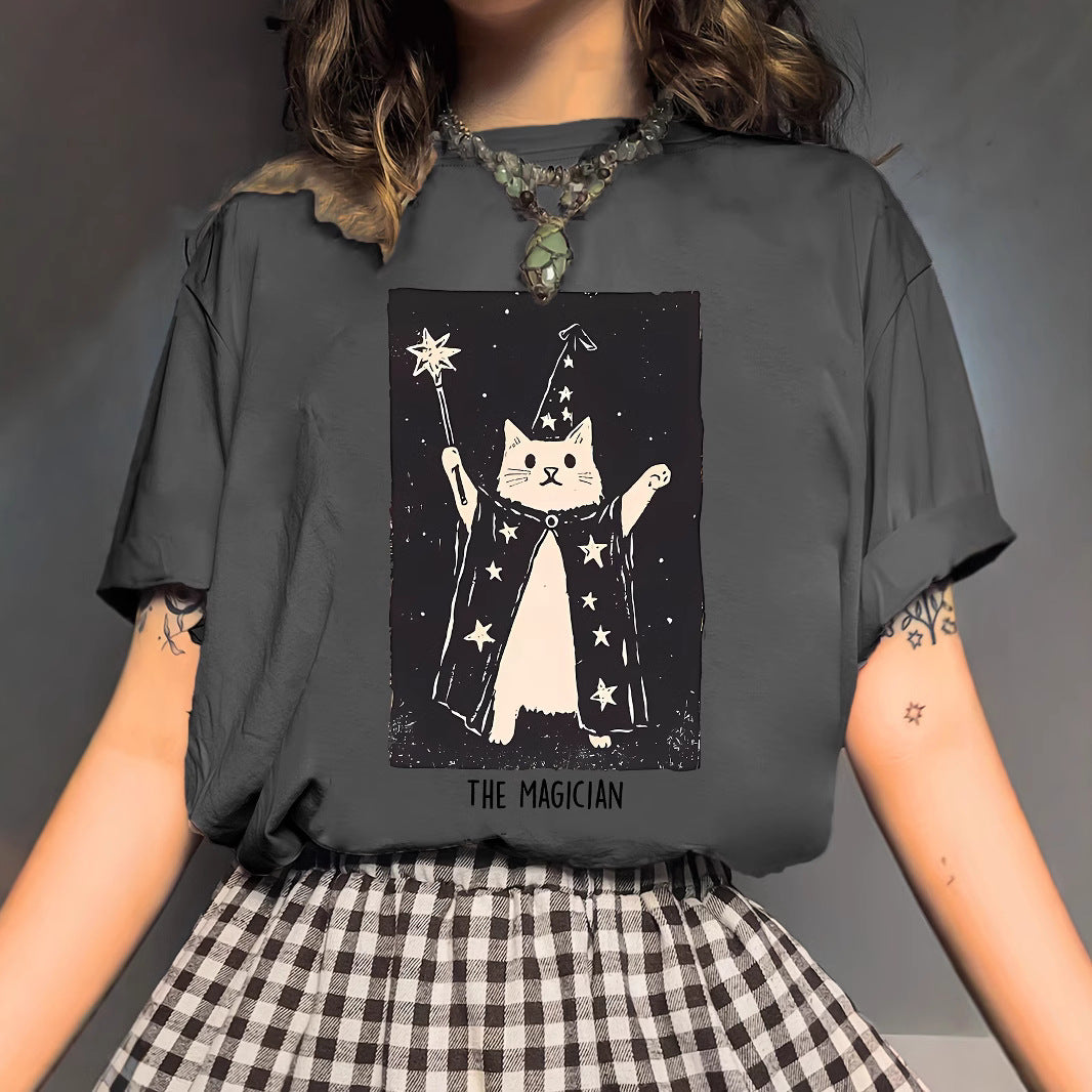 Kvinders Magiske Kat Sød Kortærmet T-shirt med Print