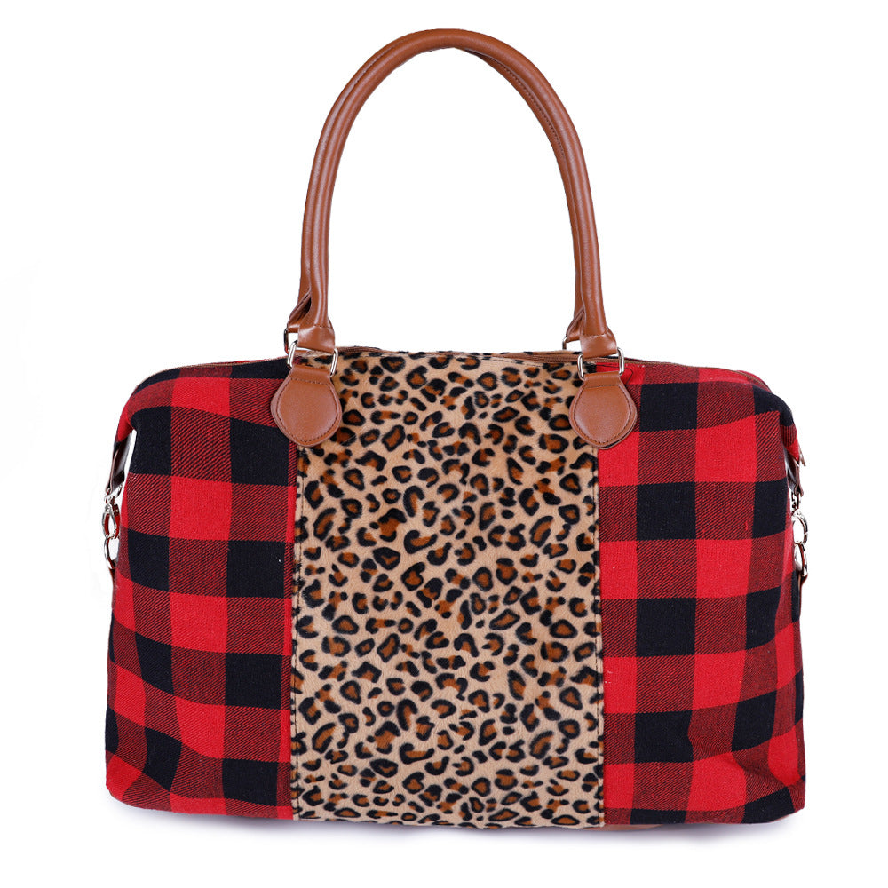 Women's Fashion Leopard Print Black And White Check Handbag Travel Bag