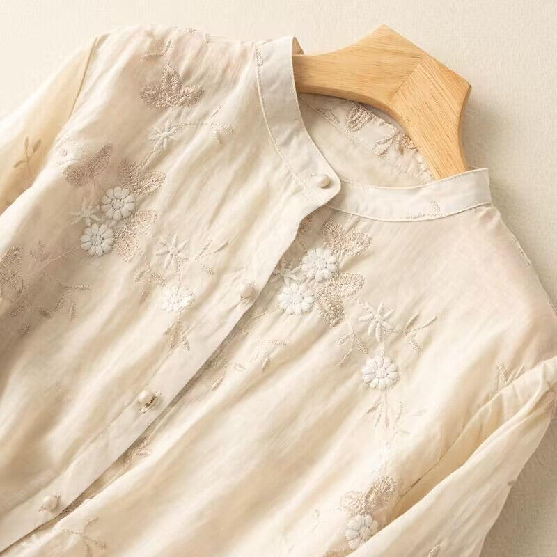 Artistic Retro Heavy Industry Embroidered Cotton And Linen Top