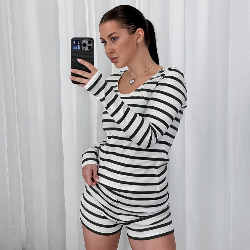 Striped Crew-Neck Long-Sleeve Shorts Knitted Pajama Set For Women