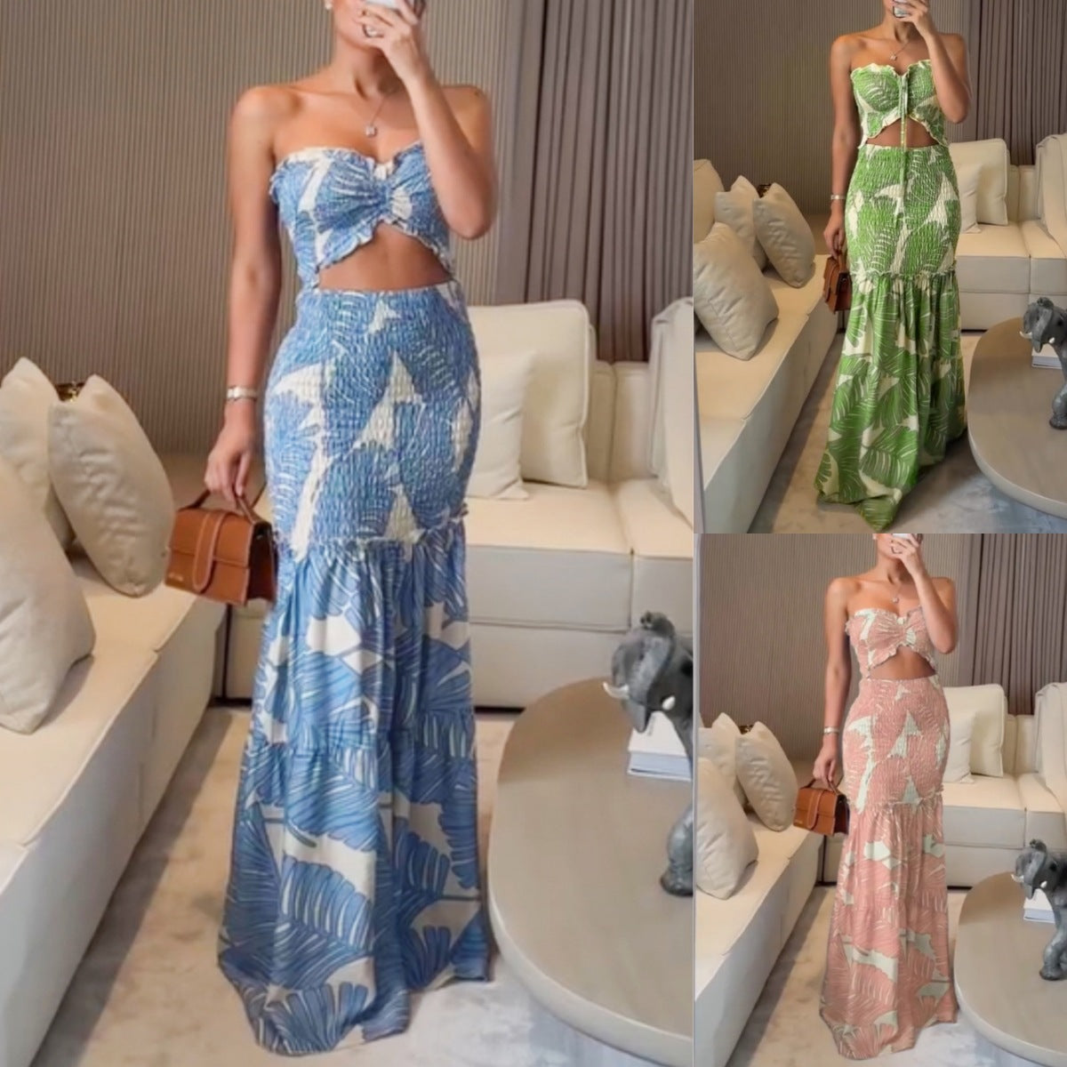 Casual Tie-up Halter Dress With Printed Pleats