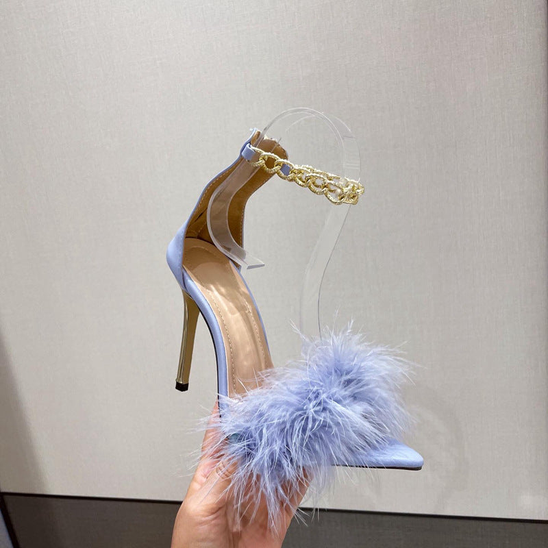 New Style Pointed Toe Chain Hair Stiletto Heel Sandals Women