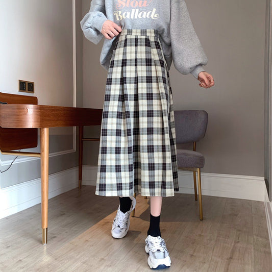 Women's High Waist Plaid Versatile Student Skirt