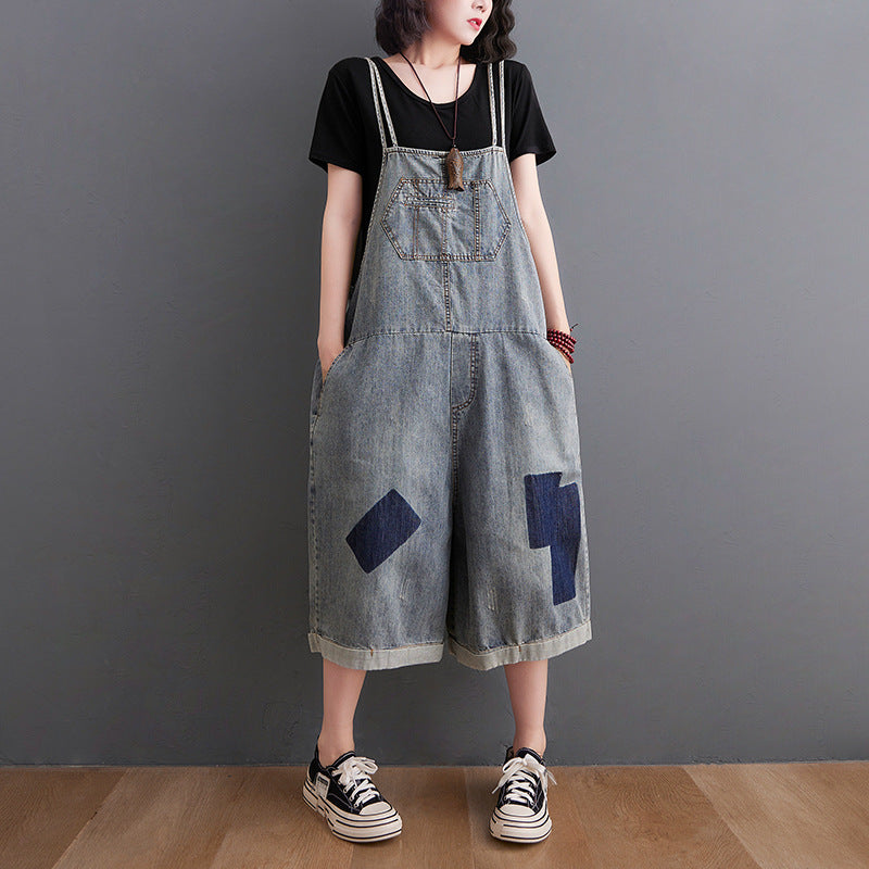 Loose Casual Denim Wide Foot Bib Pants