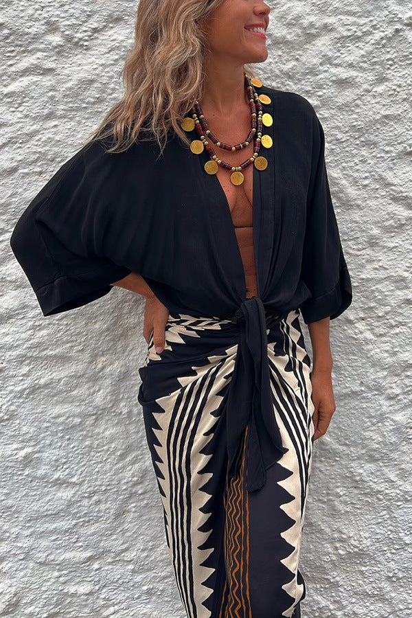 Women's Casual Lace Up 34 Sleeve Loose Vacation Multi-color Shirt