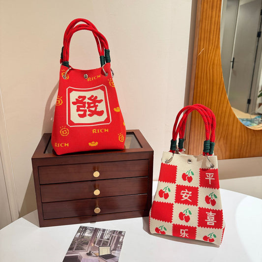 Womens Red Knitted Tote Bag With Magnetic Closure And Large Capacity