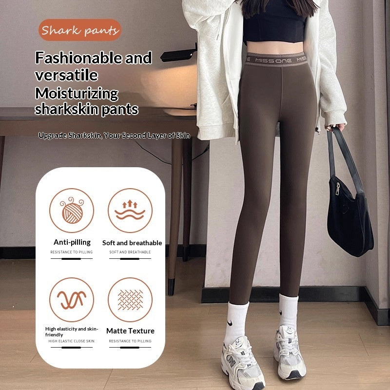 High-stretch Shark Pants Made From Thickened Coral Fleece Fabricslim-fit Warming Leggings Perfect For Autumn