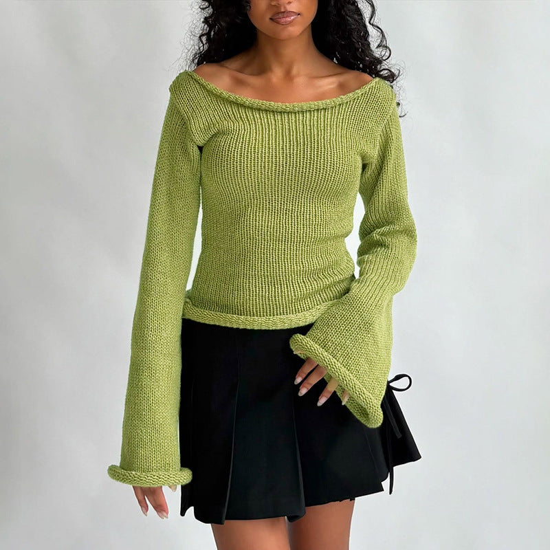 New Solid Color Slim-fit Bell Sleeve T-shirt With Boat Neck