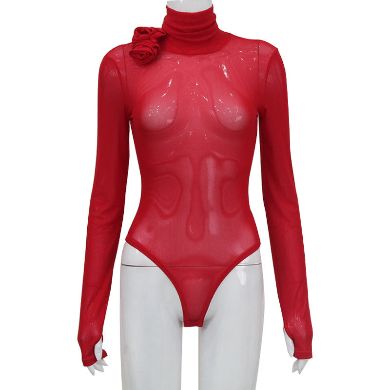 High Collar Long Sleeve Mesh Micro Transparent Flower Decorative Tights
