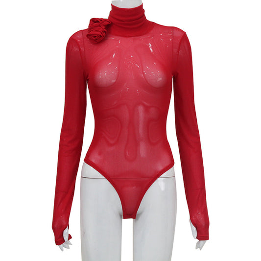 High Collar Long Sleeve Mesh Micro Transparent Flower Decorative Tights