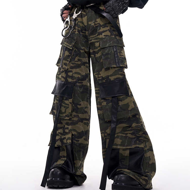 Retro Street Camouflage Slacks Leather Patchwork Multi-pocket