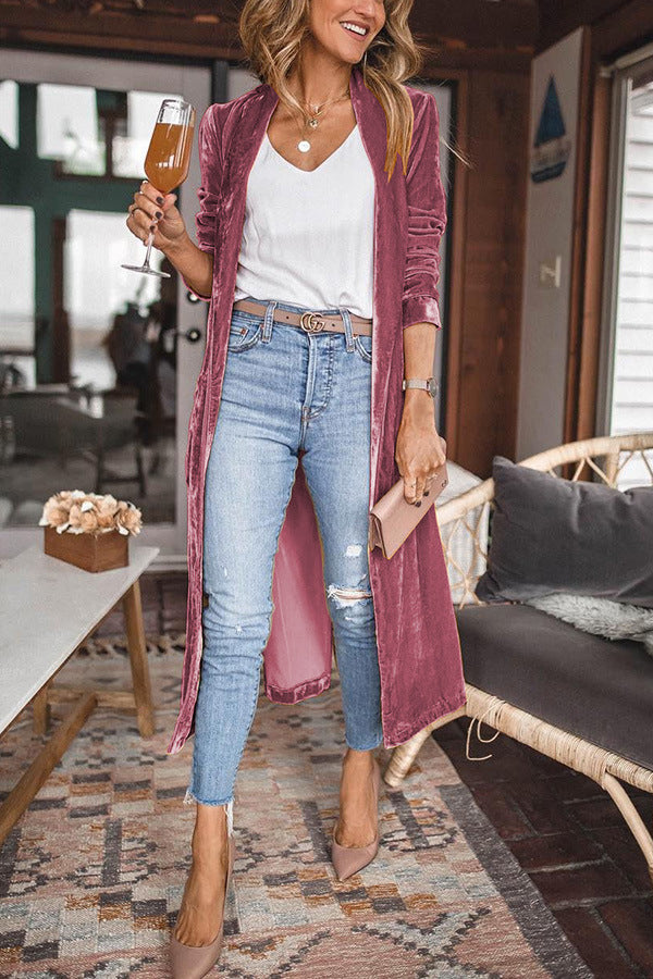 Women's Loose Gold Velvet Stretch Long Coat