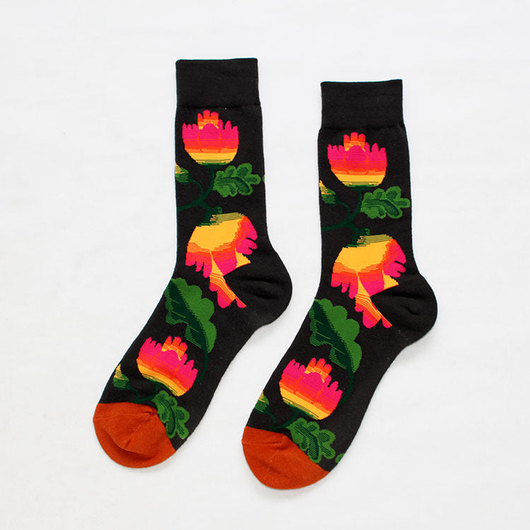 Cotton socks painted with flowers and birds