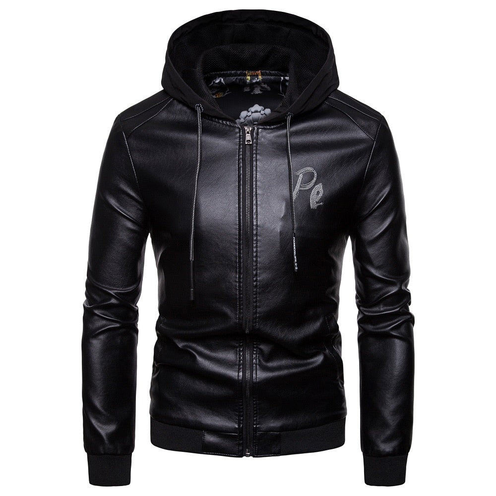 Men's British fashion hooded leather coat