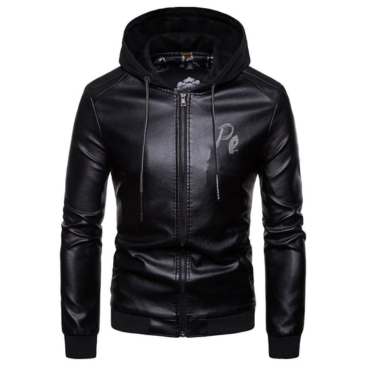 Men's British fashion hooded leather coat