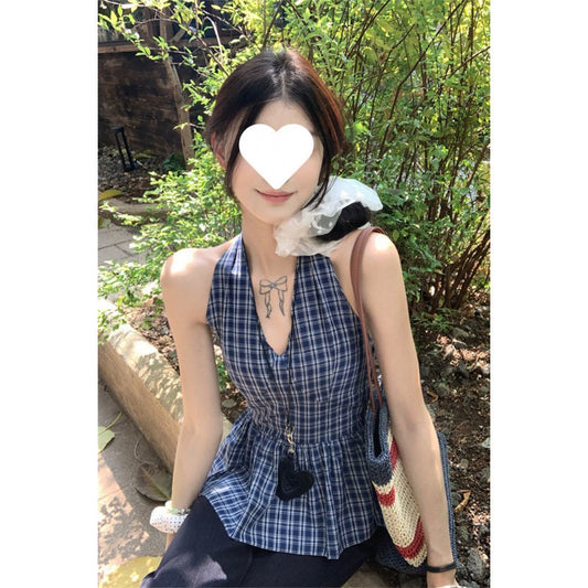 Retro Plaid V-neck Lace-up Halter Sleeveless Shirt
