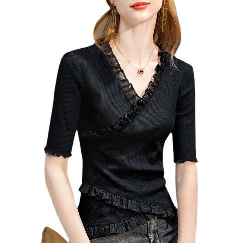 New Womens T-shirt With Ruffled Hem V-neck And Fitted Waist Featuring Three-quarter-length Sleeves