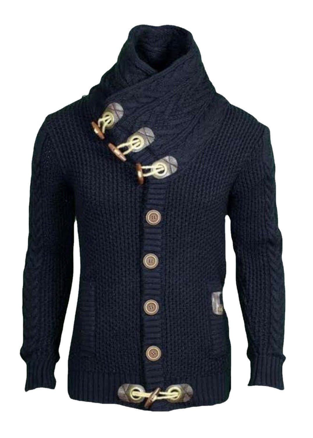 Horn Button Casual Turtleneck Men's Twisted Knitted Cardigan Sweater