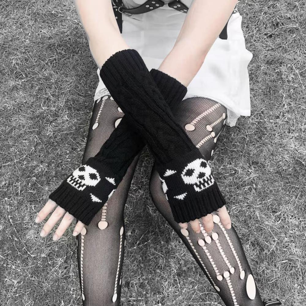 Skull Mid-Length Knitted Warm Half-Finger Gloves