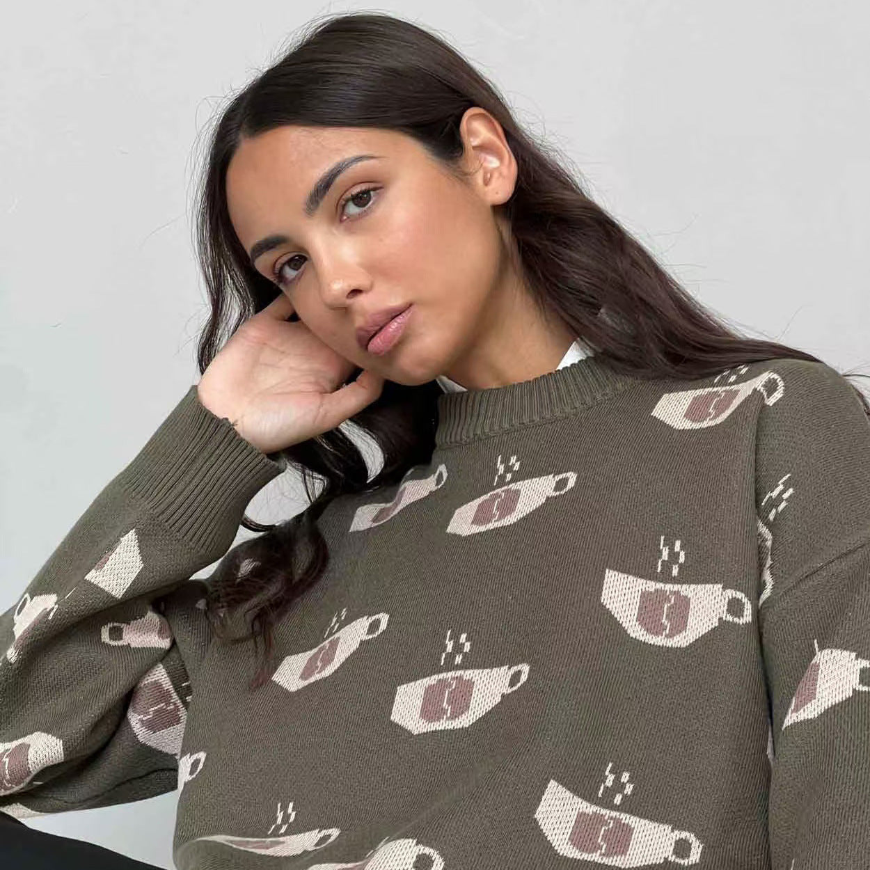 Women's Coffee Loose Long-sleeved Knitted Sweater
