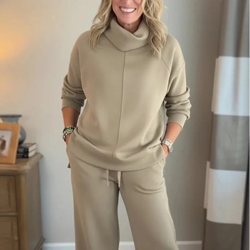 Solid Color Hooded High-neck Top Casual Women's Two-piece Set