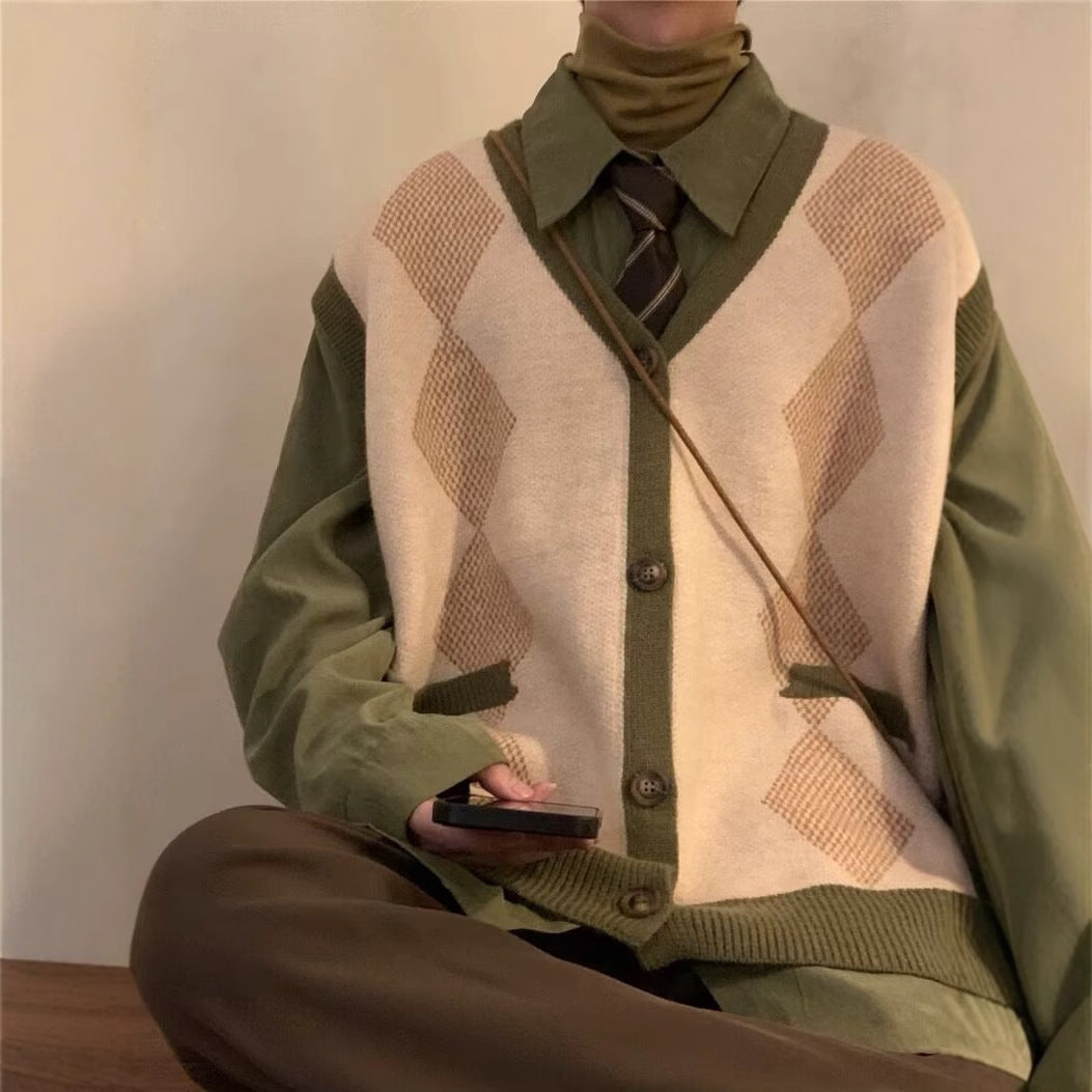 Rhombus V-neck Vest Sweater Men's Cardigan