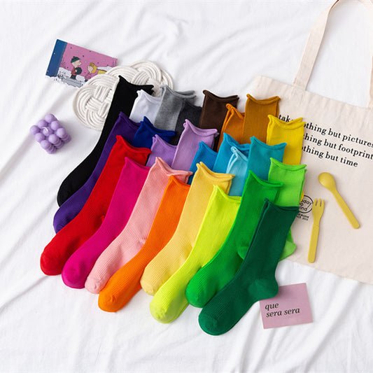 Women's Mid-tube Socks Thin Candy Color Rolled Edge Cotton