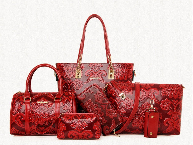 National wind embossed pure color mother bag six-piece rose women's Messenger bag