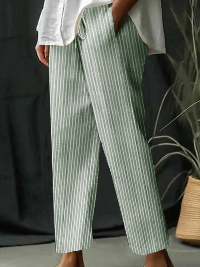 Casual Homewear Pants New Striped Solid Color Cotton And Linen Loose Trousers