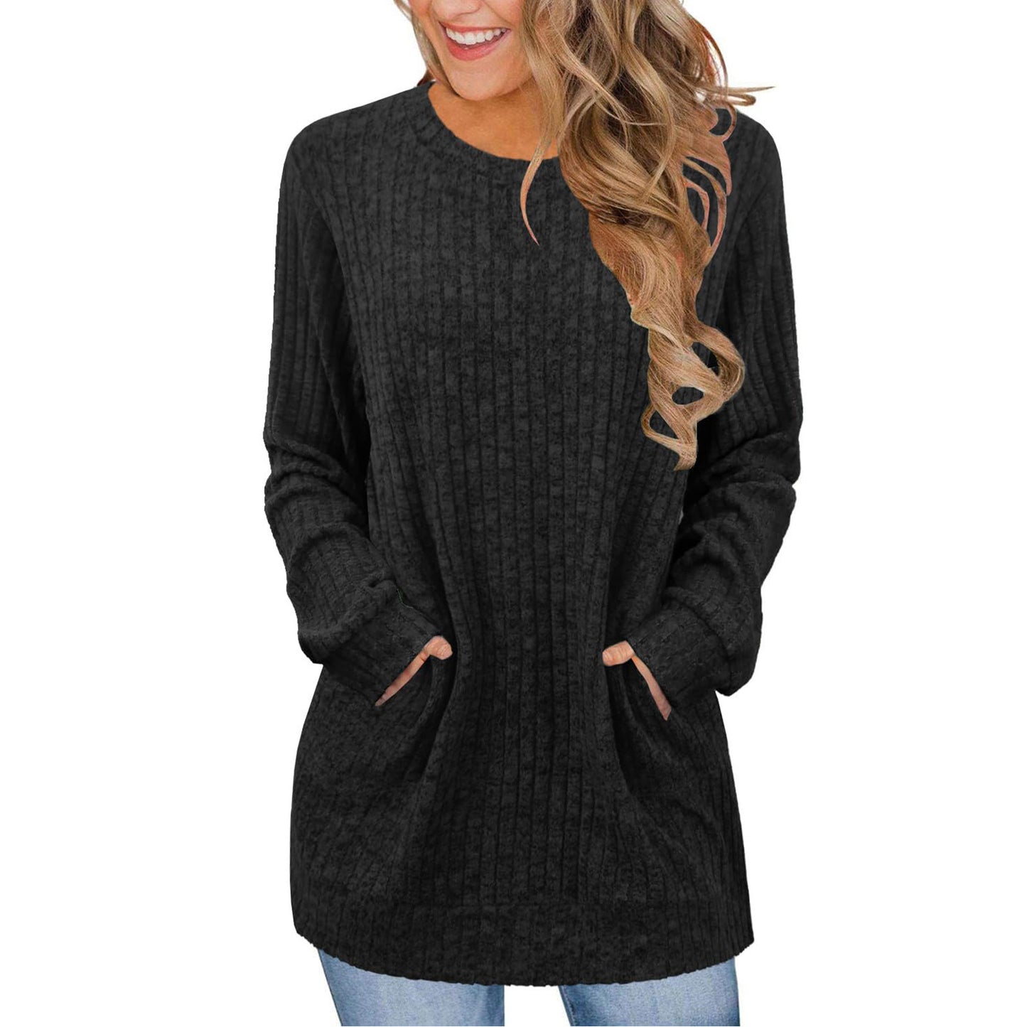 Casual Patchwork Crewneck Long-Sleeve Solid-Color Ribbed Sweater