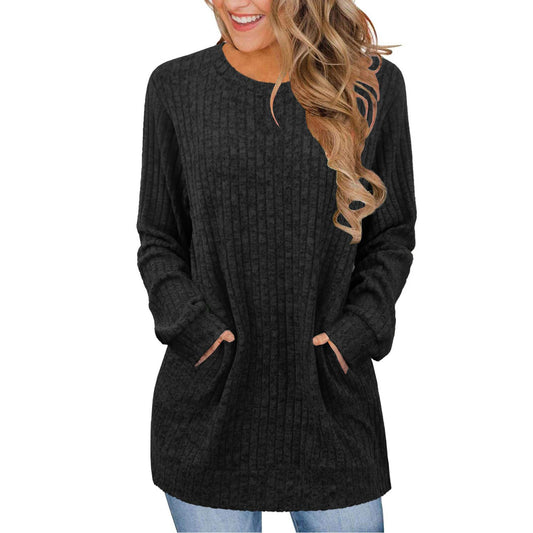 Casual Patchwork Crewneck Long-Sleeve Solid-Color Ribbed Sweater