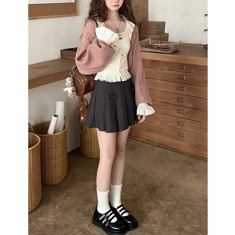 Autumn Outerwear Slim Fit Ruffled Patchwork Knitting Long-sleeved Top