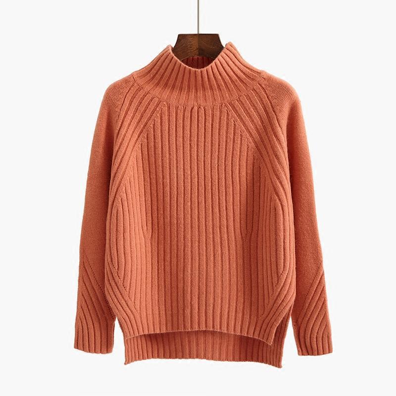 Pure Color Half Collar Sweater Women's Long-sleeved Front Short Back Long Knitted Bottoming Shirt