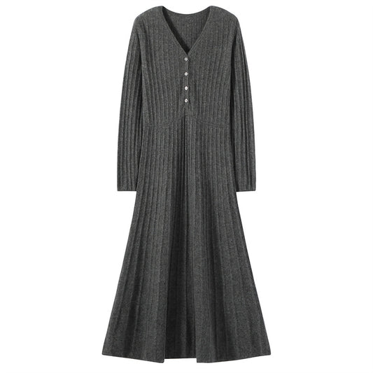 Half-zip Knitted Ribbed V-neck Maxi Dress That Falls Below The Knee
