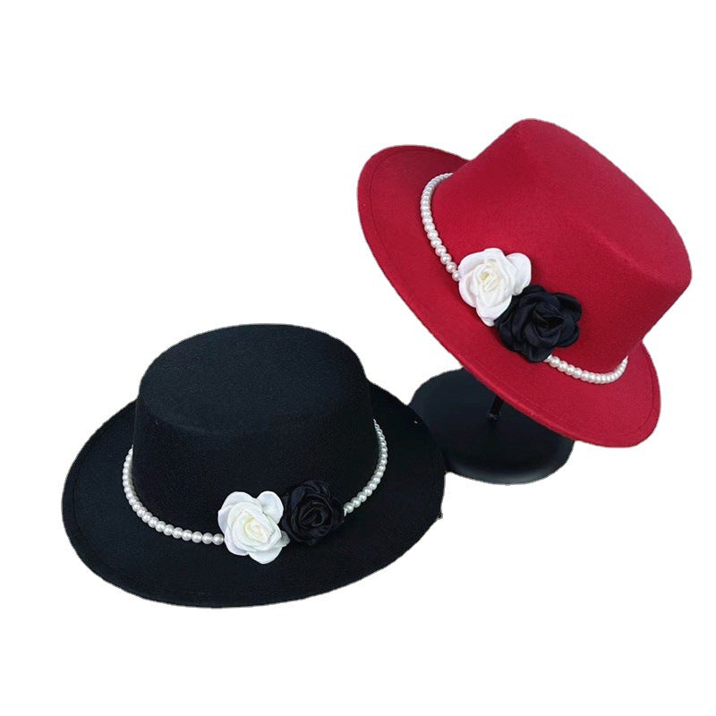 Vintage Hattedame Perlekæde Blomster Uld Flad Hat