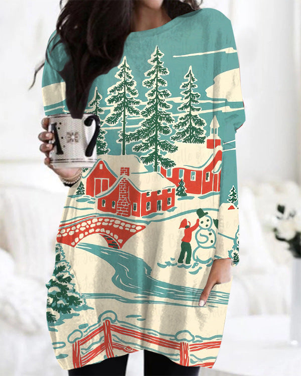 Printed Round Neck Long Sleeve Women's Bag Hip Dress