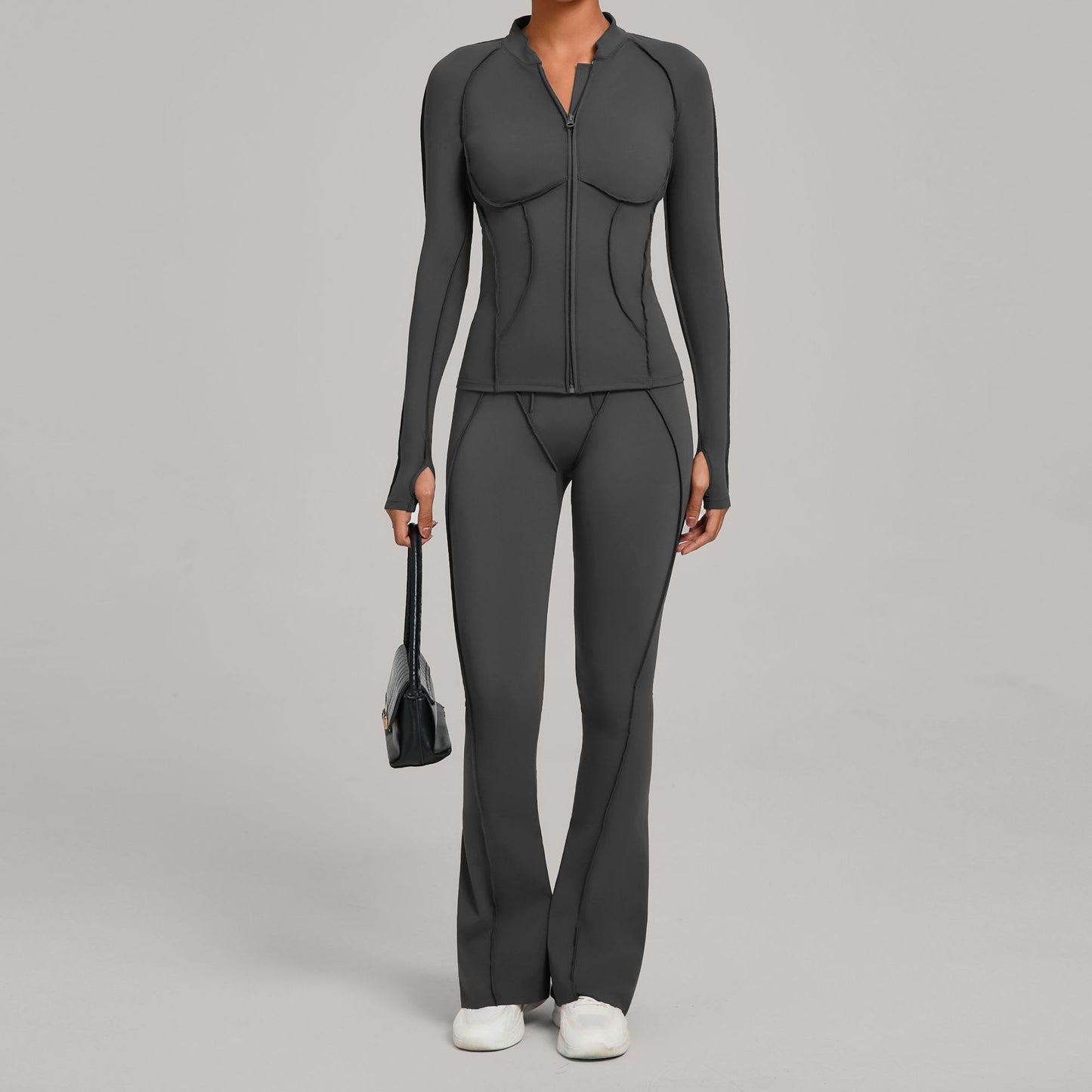Womens Patchwork Zip Up Long Sleeve Top And Pants Set