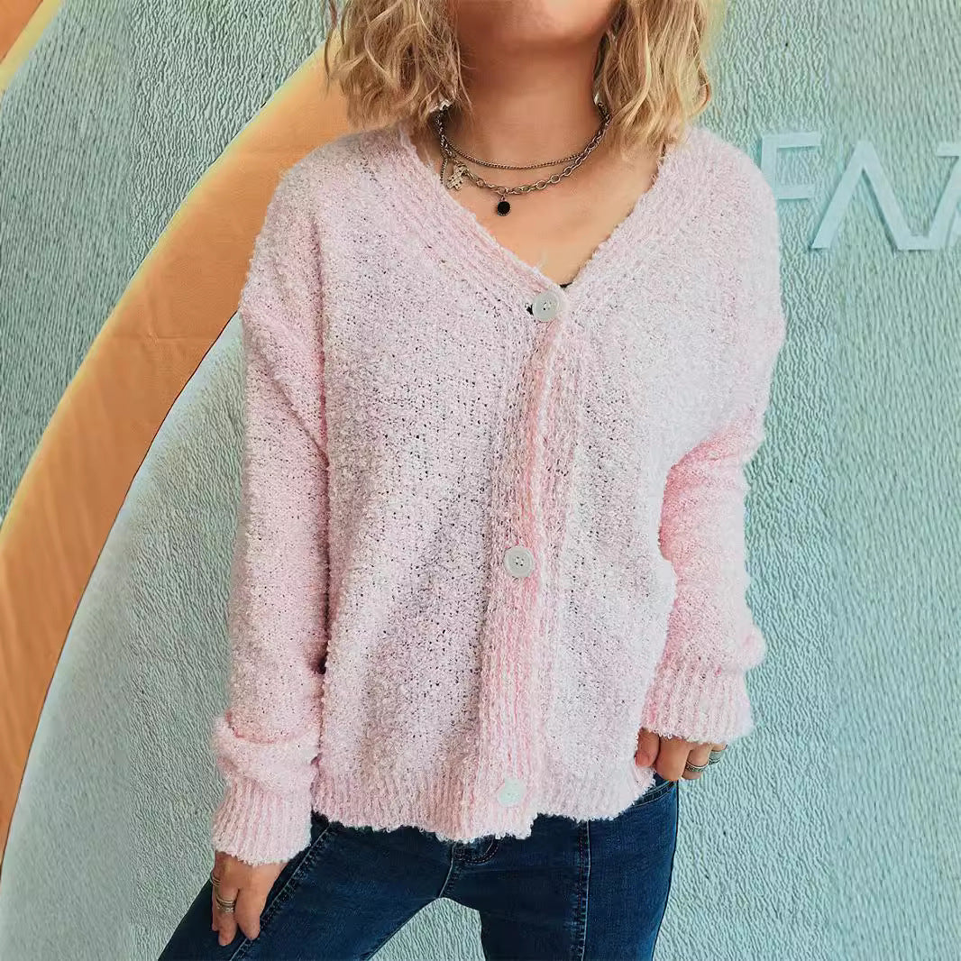 Solid Color And V-neck Single-breasted Long Sleeve Seersucker Knitted Cardigan Coat For Women